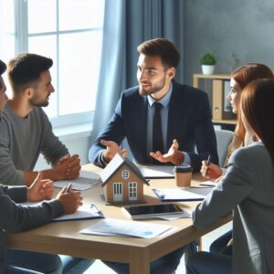 Professional meeting with a mortgage agent discussing home financing options around a table with a model house centerpiece.