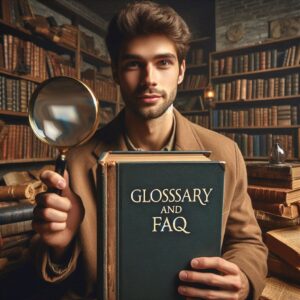 Man holding a book titled 'Glossary and FAQ' and a magnifying glass in a library setting filled with shelves of old books.