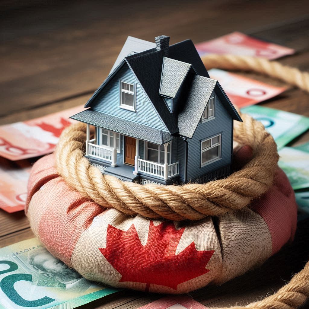 Model house sitting on a Canadian flag-patterned bag surrounded by Canadian currency and a thick rope.
