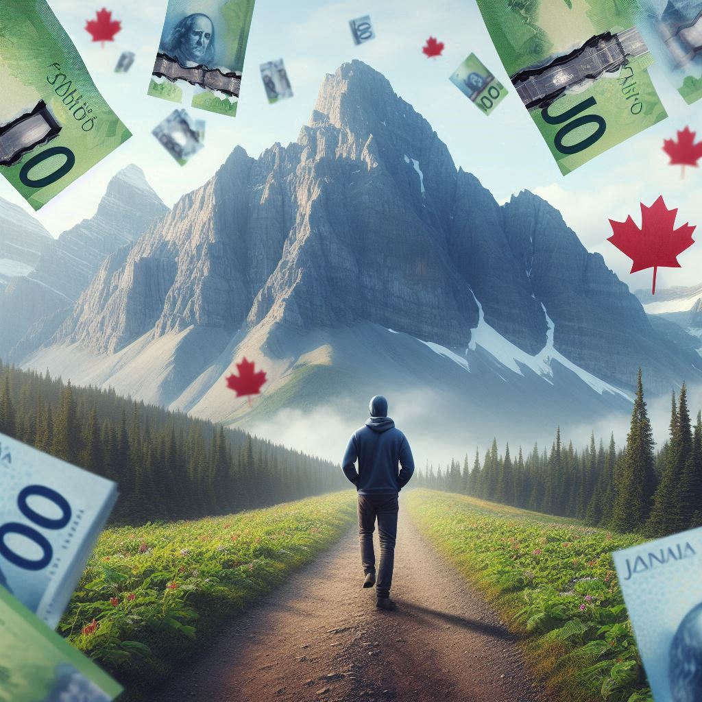 A person walking on a scenic path toward majestic mountains, surrounded by floating Canadian dollar bills and maple leaves, symbolizing financial journey and goals.