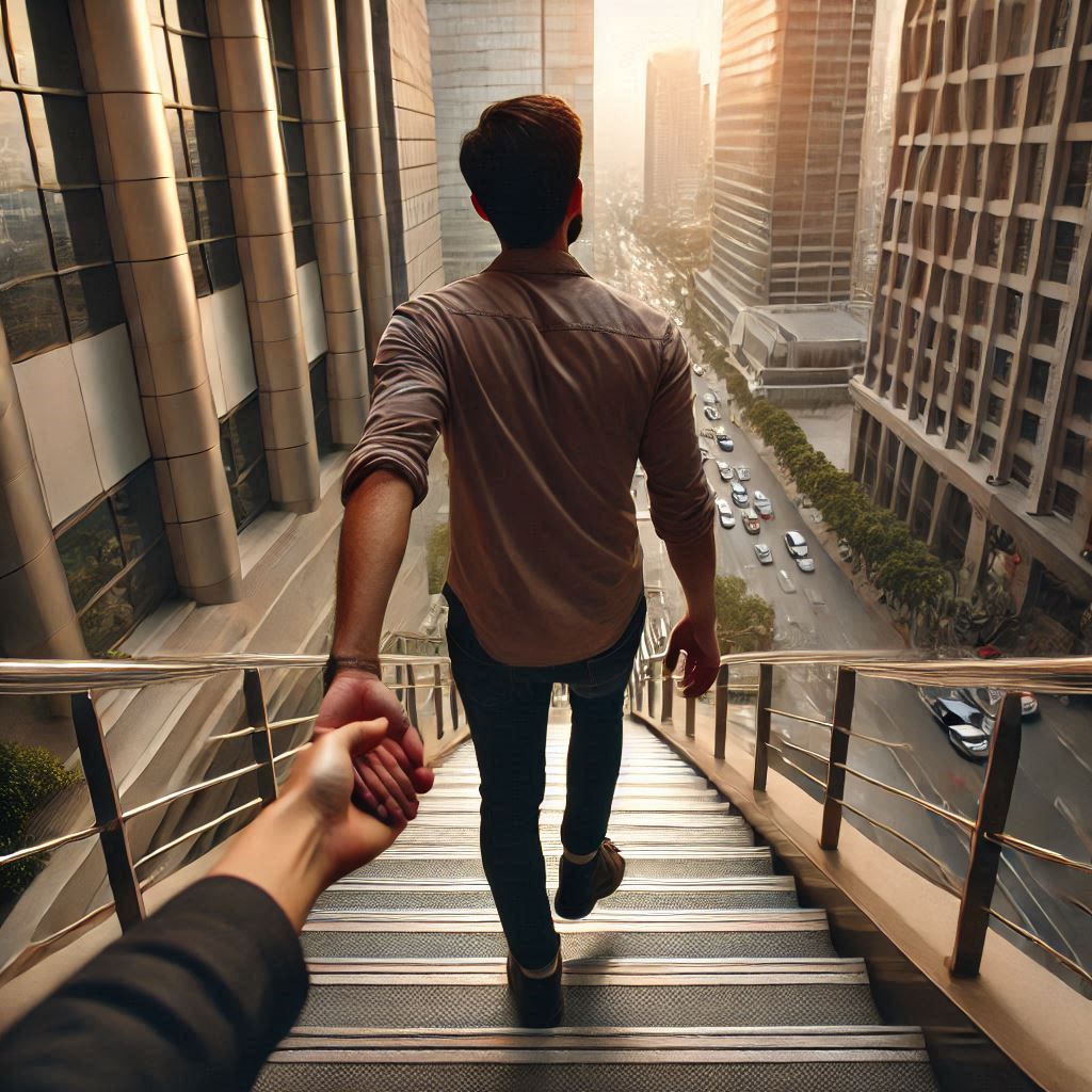 A person walking down a set of stairs in an urban environment, holding the hand of another person who is behind.