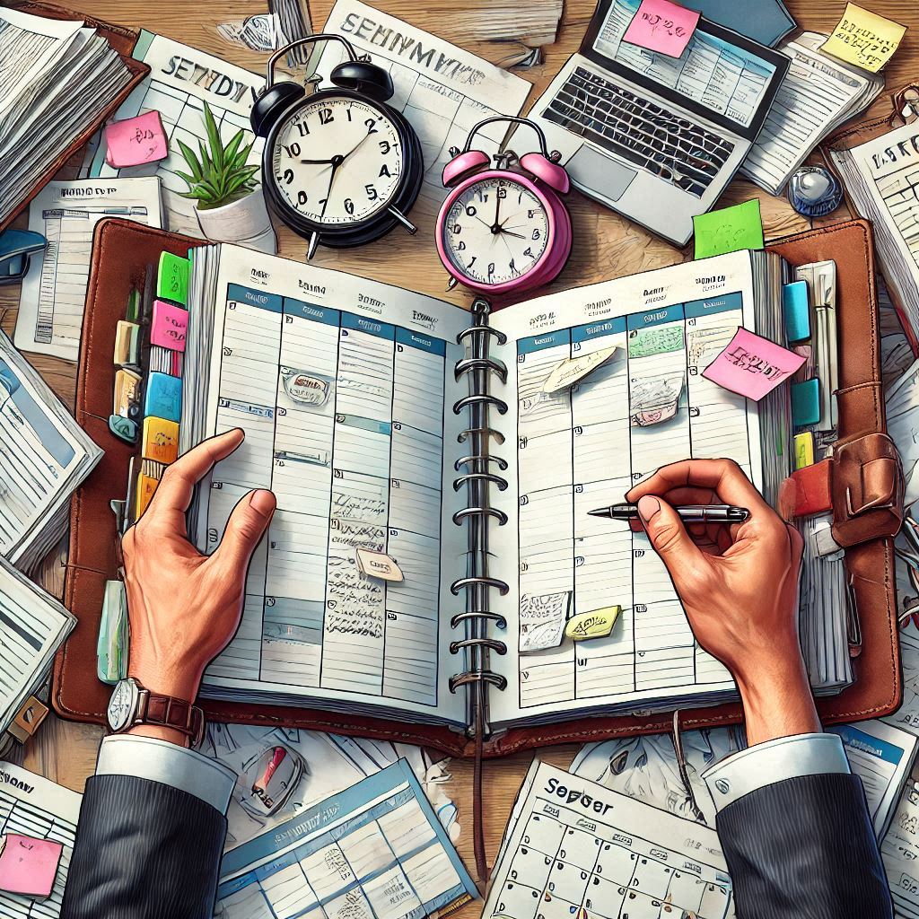 Person managing a busy planner surrounded by clocks, sticky notes, and documents on a cluttered desk, representing time management and organization.