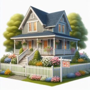 A charming two-story house with a white picket fence, colorful flowers, and a 'For Sale' sign in the front yard.