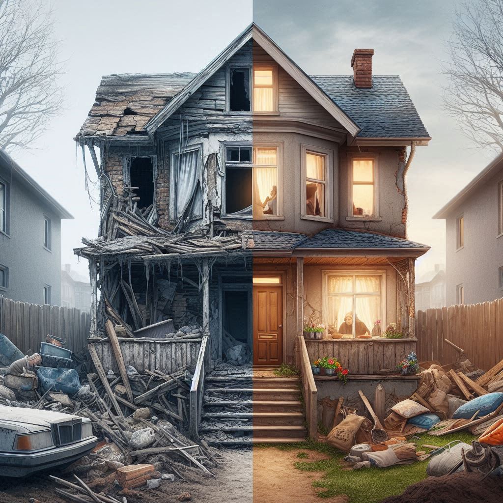 "Split image showing a dilapidated house on the left and a fully renovated home on the right, symbolizing transformation and renewal.