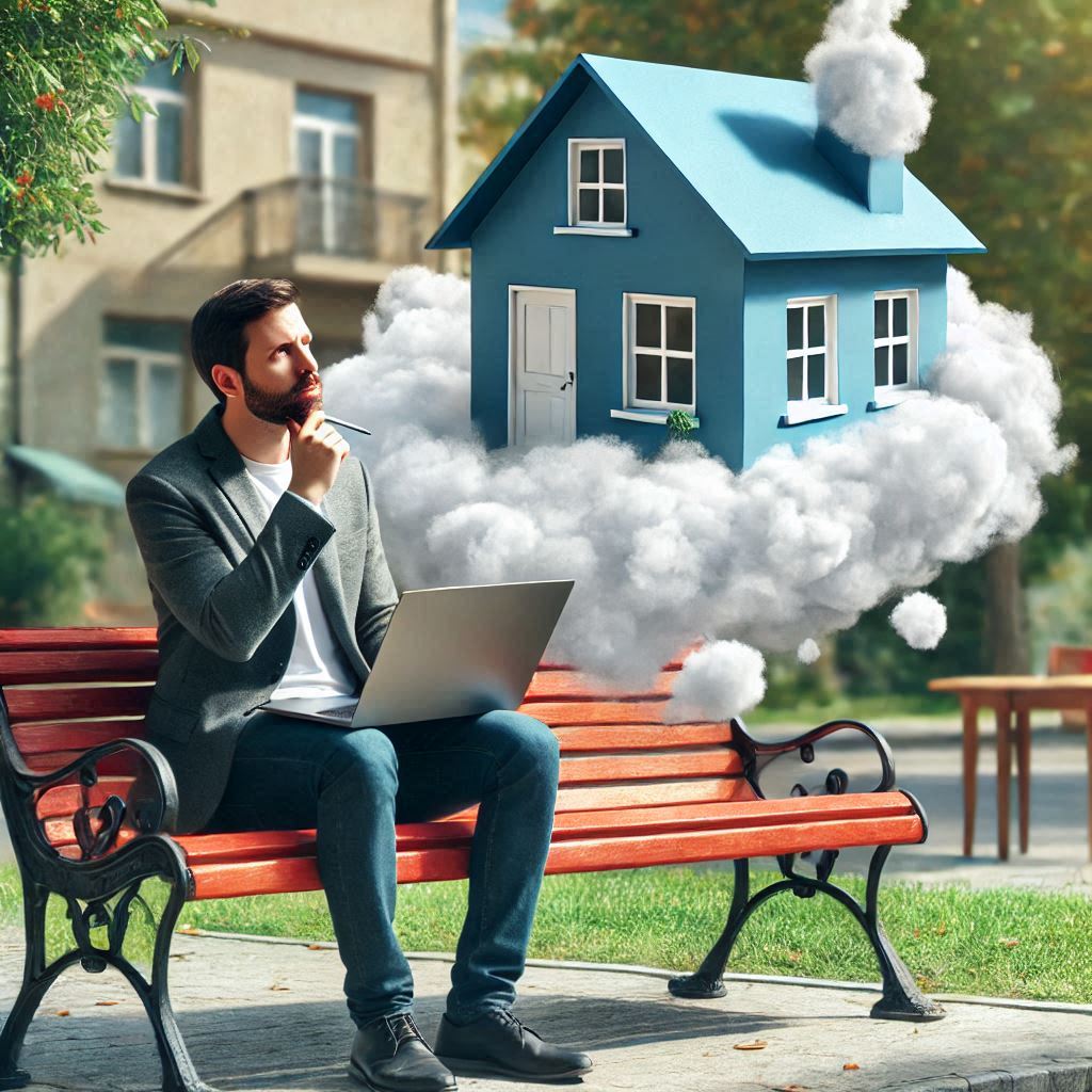A man sitting on a park bench with a laptop, imagining a blue house floating on clouds, symbolizing dream home planning.