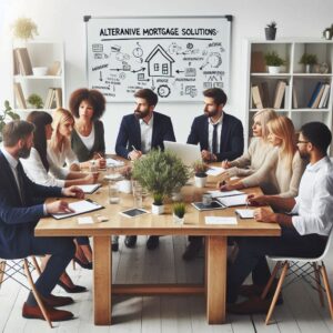 A group of people sitting around a conference table in a modern office setting, engaged in a meeting with a whiteboard in the background displaying the title "ALTERNATIVE MORTGAGE SOLUTIONS