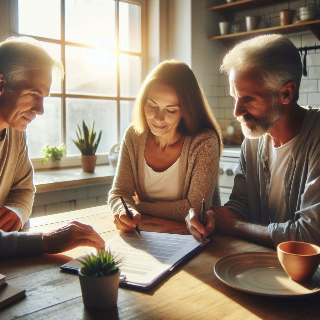 Senior couple signing documents at a sunlit kitchen table with a financial advisor.